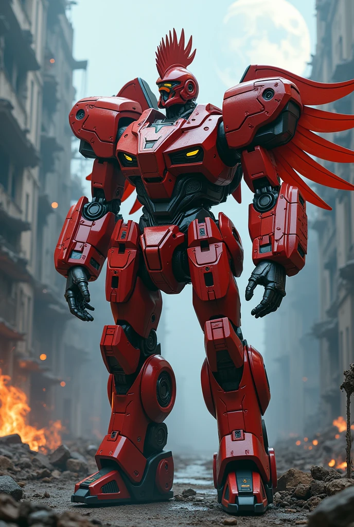 Red theme, phoenix mecha, head for rooster chicken head, mecha wings, cyberpunk, best quality, masterpiece, unmanned, full body, mechanical marvel, strong, moon, ruined city, highest quality digital art, stunning art, wallpaper 4k, highly detailed, military robot, army, war zone, dynamic lighting, movie, epic, damaged mechanical parts