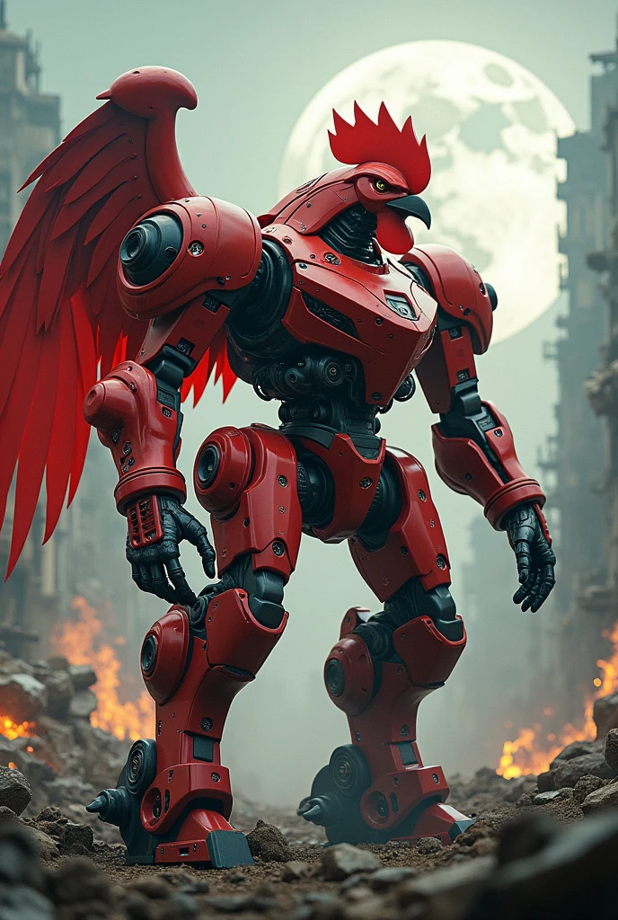 Red theme, phoenix mecha, head for rooster chicken head, mecha wings, cyberpunk, best quality, masterpiece, unmanned, full body, mechanical marvel, strong, moon, ruined city, highest quality digital art, stunning art, wallpaper 4k, highly detailed, military robot, army, war zone, dynamic lighting, movie, epic, damaged mechanical parts