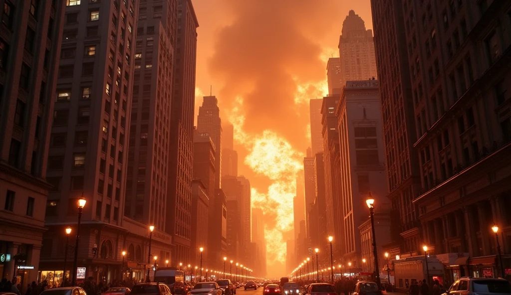New York City in Chaos; fires in buildings in broad daylight; bombs exploding.