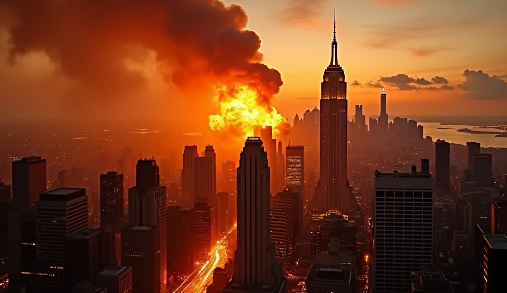 New York City in Chaos; fires in buildings in broad daylight; bombs exploding.