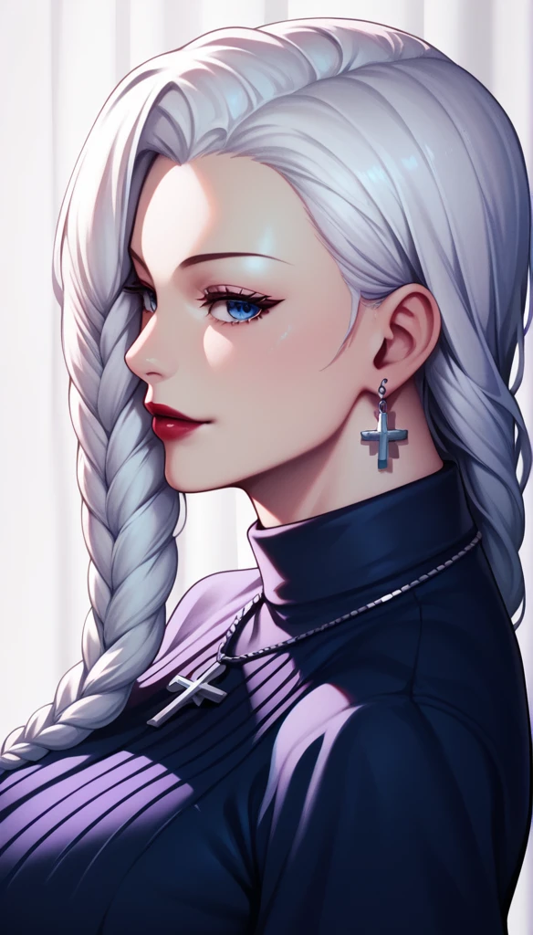 score_9, score_8_up, score_7_up, score_6_up, score_5_up, score_4_up, mei mei , blue eyes, white hair braid, large breasts,  necklace,big cross earrings ,red lipstick , detailed eyes , big breasts, school dress