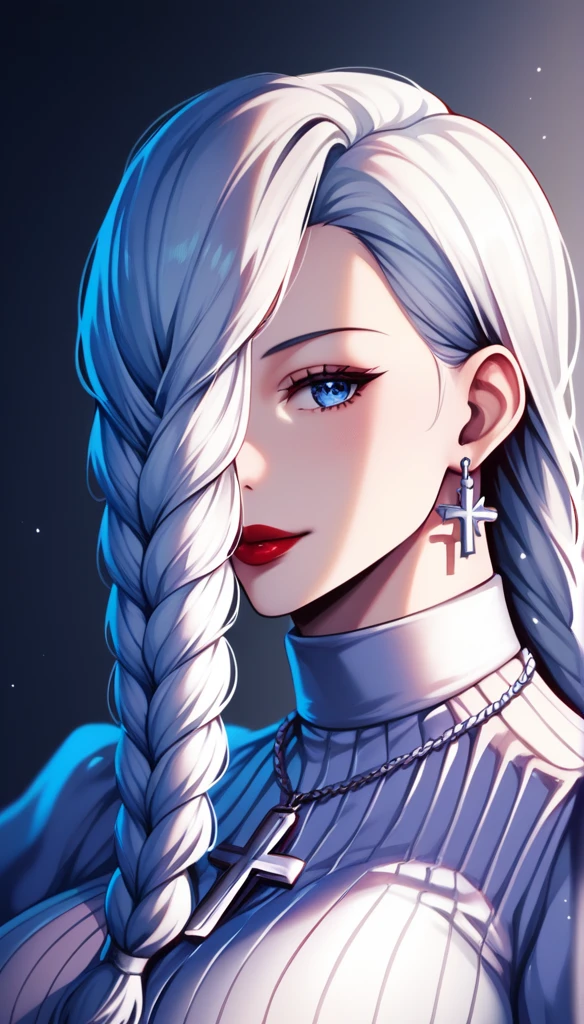 score_9, score_8_up, score_7_up, score_6_up, score_5_up, score_4_up, mei mei , blue eyes, white hair braid, large breasts,  necklace,big cross earrings ,red lipstick , detailed eyes , big breasts, school dress