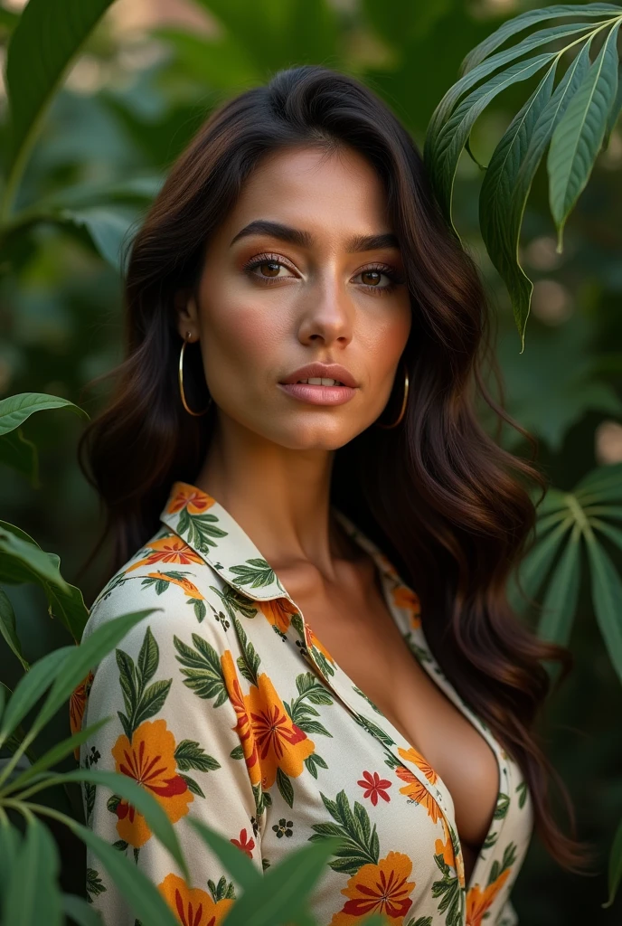 A Brazilian woman in a lush tropical garden, wearing an open shirt with a floral print, with a close-up capturing the harmonious beauty between her breasts and the natural flowers, showing off your natural charm and outgoing personality.