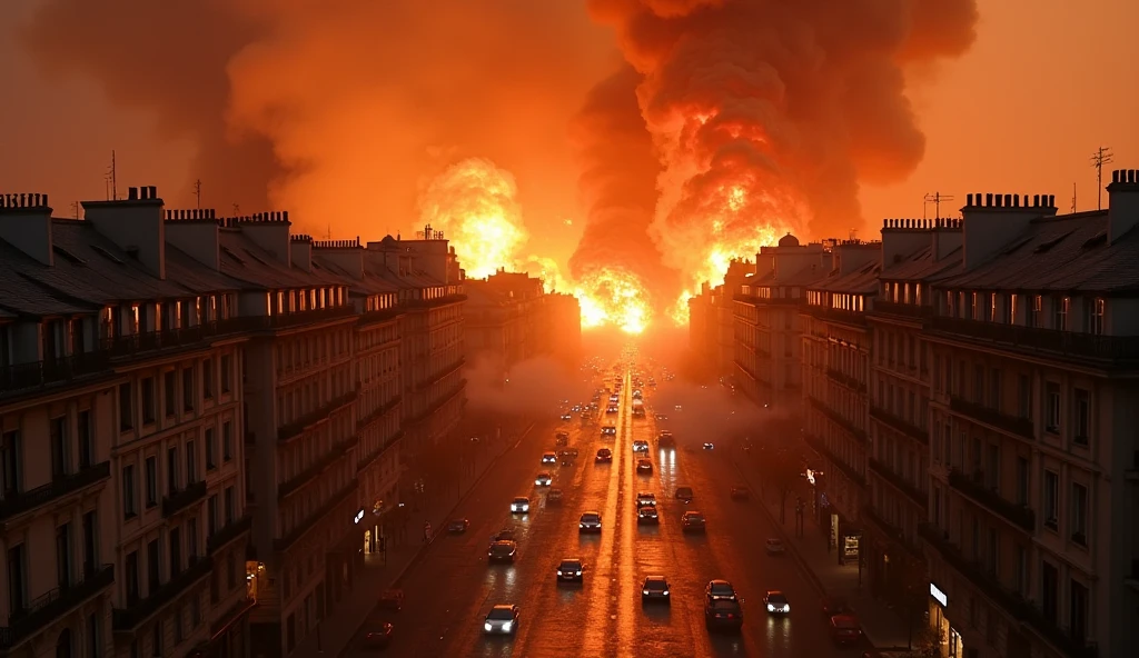 City of Paris in chaos; fires in buildings; bombs exploding.