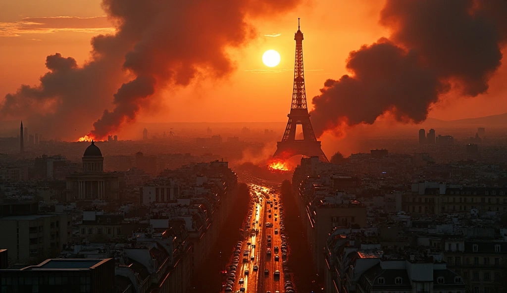 City of Paris in chaos; fires in buildings; bombs exploding.