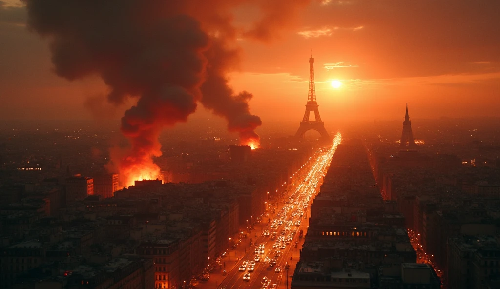 City of Paris in chaos; fires in buildings; bombs exploding.