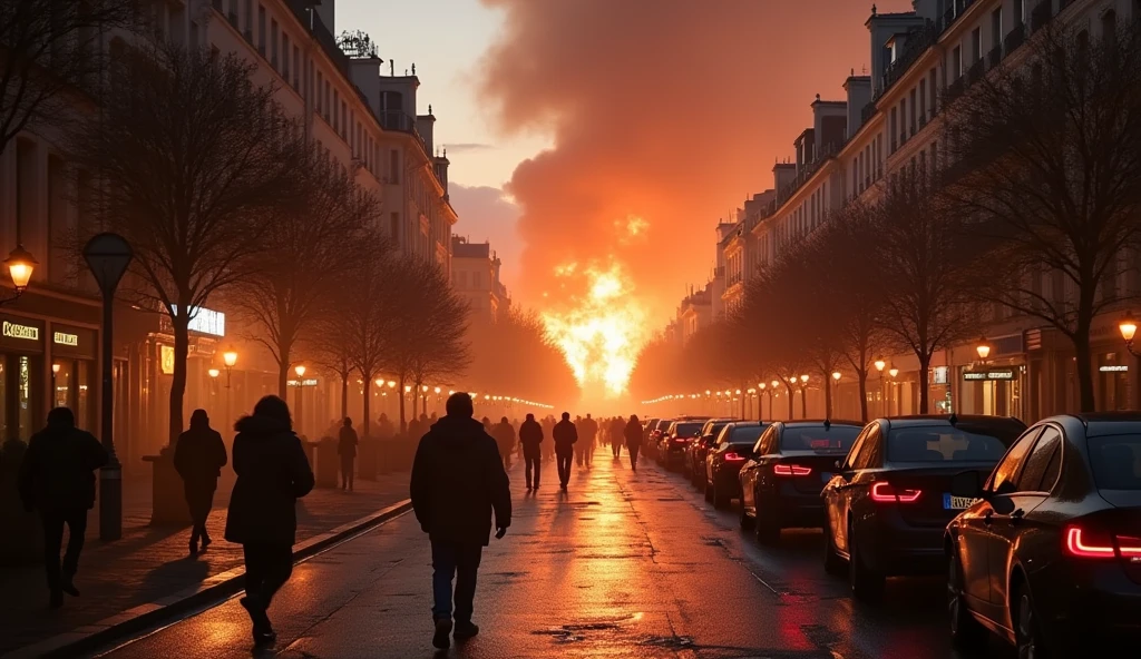 City of Paris in chaos; fires in buildings; bombs exploding.