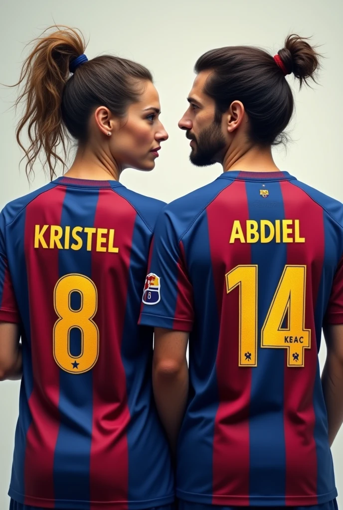 Woman and man from behind with the Barcelona shirt number 8 and 14 named Kristel and Abdiel and the woman with her hair tied to one side so that her names can be seen