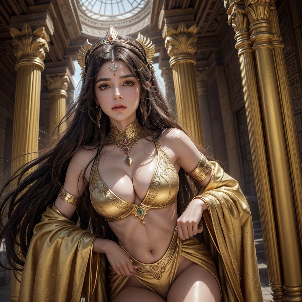 The image depicts Ishtar, the mesopotamian goddess of love, of war and fertility, in a majestic and imposing pose. She is represented with divine beauty and a powerful presence.. Her hair is long and luxurious, falling in wavy waves that frame her face. She wears an elaborate golden robe with intricate details in shades of red and blue., symbolizing your connection with heaven and earth.Ishtar is adorned with jewelry and accessories that reflect her divinity., including a diadem with emeralds and rubies. His eyes are expressive and piercing, showing both serenity and strength. She holds a scepter adorned with astrological symbols and mythological figures., like lions and stars, that highlight their power and influence.Ao fundo, there is a setting reminiscent of the ancient temples of Mesopotamia, with imposing columns and a dramatic sky at dusk, which adds an epic touch to the scene.