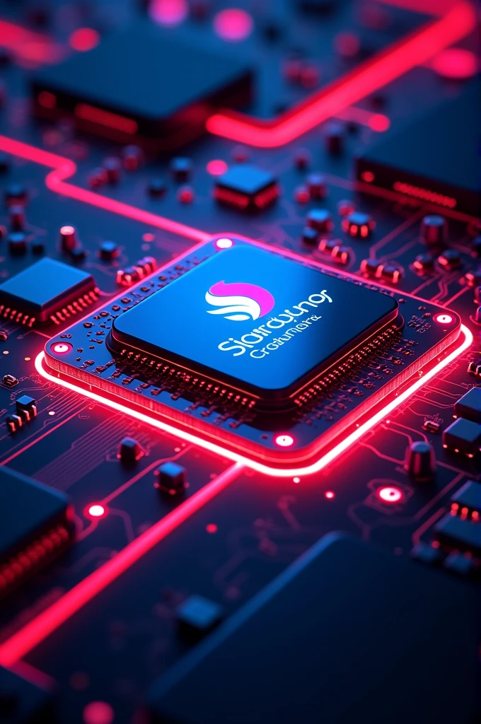Snapdragon “8th Gen 2” processor with its circuits and terminals in neon