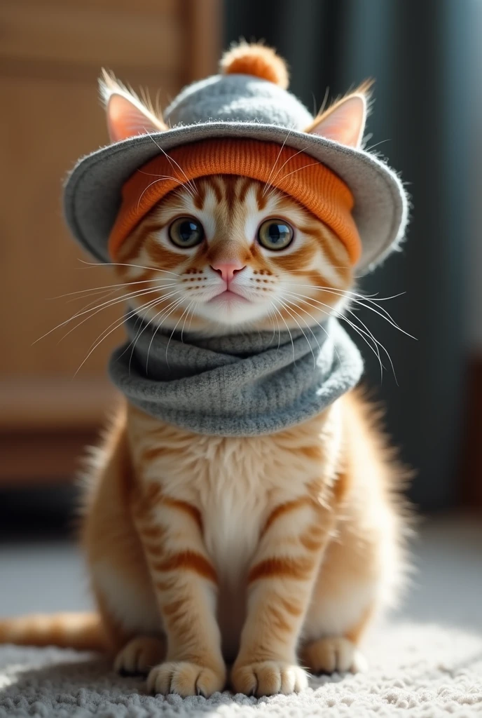 A beige cat wearing a grey hat、Bring home the blue kitten with the orange hat