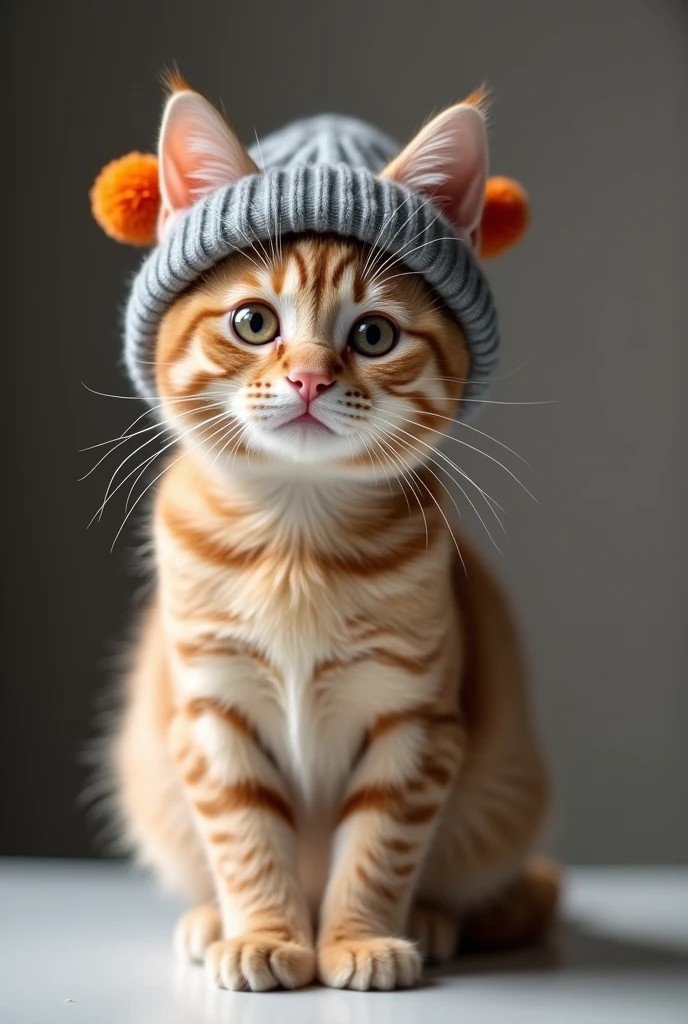A beige cat wearing a grey hat、Bring home the blue kitten with the orange hat
