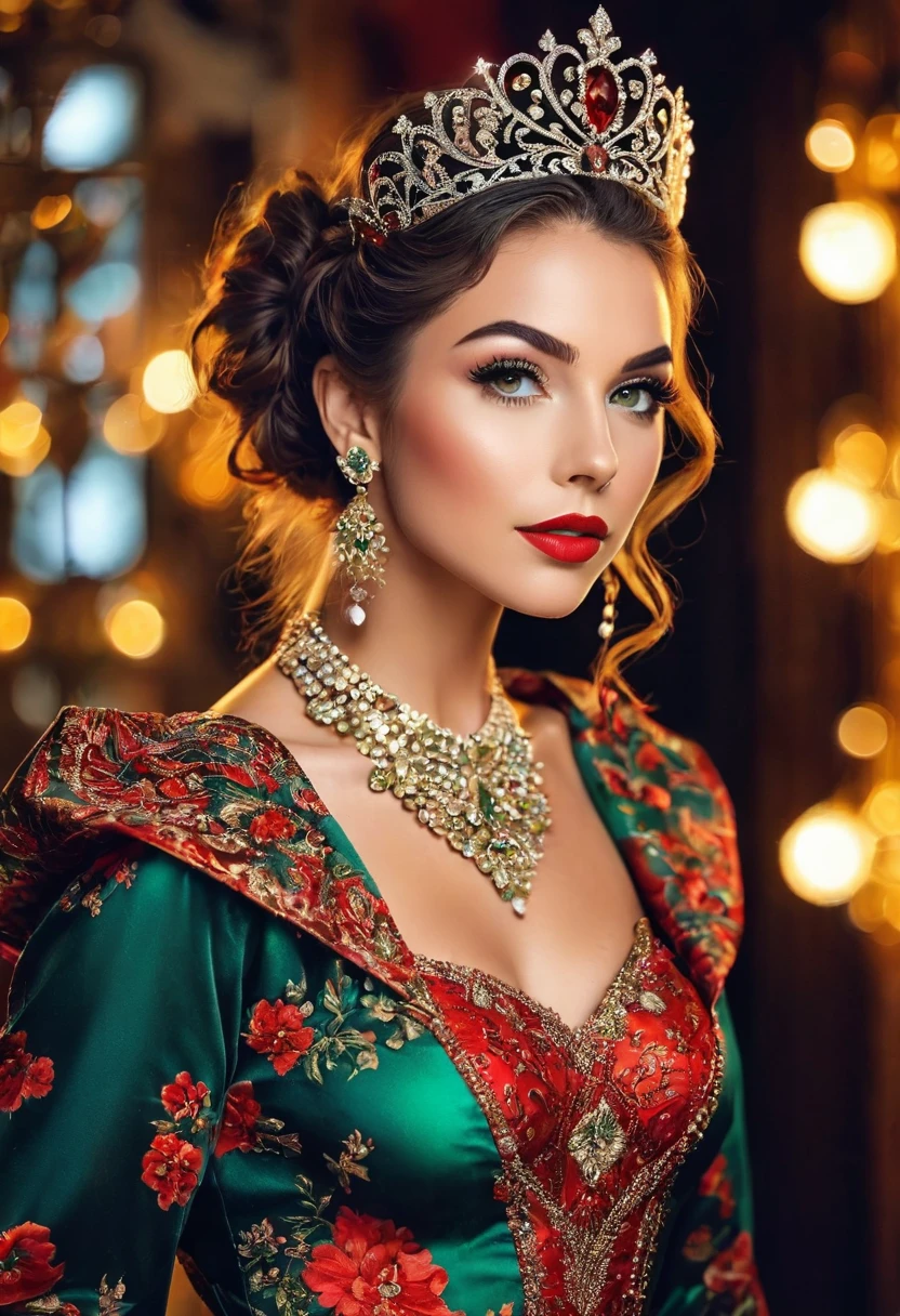 Ultra-real photo of beautiful woman, full body photo, green eyes, detailed eyelashes and eyebrows, red mouth, glow on face, long black curly hair tied on one side of head, tiara, jewelry ornament, wearing black floral dress red sexy and sloppy appearance, bright colors, intricate details of her beautiful eyes and perfect face, intricate detailed colorful fractal background of the steam room, analog photo style, bokeh, vintage, faded colors