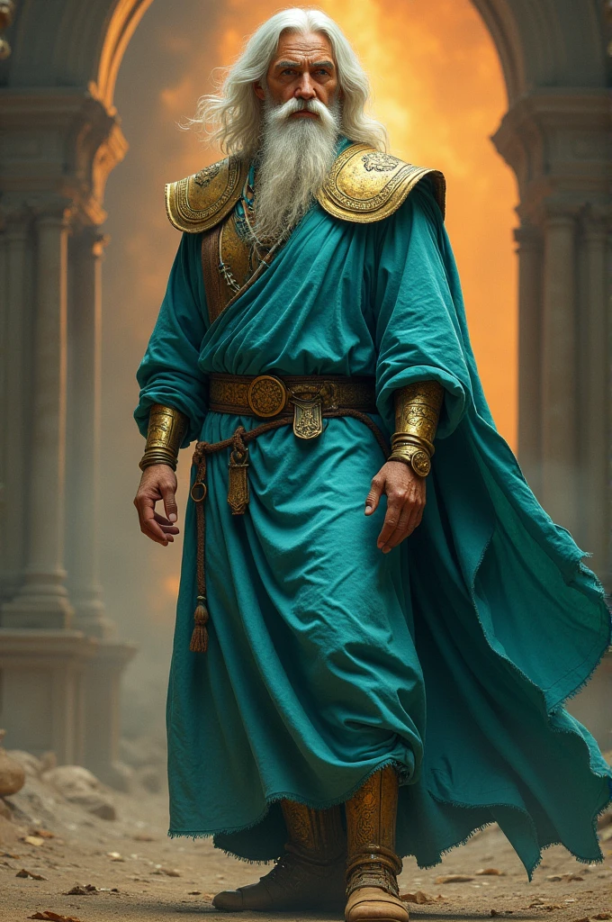 A man dressed in a turquoise linen tunic His eyes were like a flame of fire His shoulders were girded with gold Arms, hands and feet of bronze White hair
