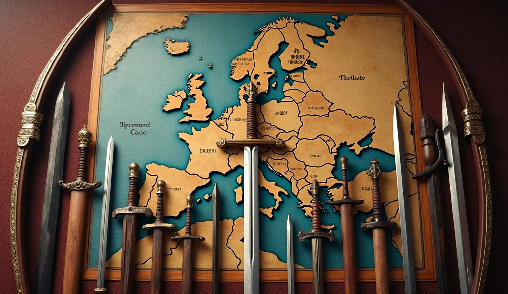 A detailed image featuring medieval weapons such as English longbows and swords, placed alongside a medieval map of Europe. The scene highlights how warfare drove innovations in technology and military strategy. The style is inspired by Edmund Blair Leighton, with intricate details and a focus on the historical context, combining the tools of war with the geographical landscape of the time., Surrealism, Hyperrealism, UHD, retina, masterpiece, accurate, anatomically correct, textured skin, super detail, high quality, 16k