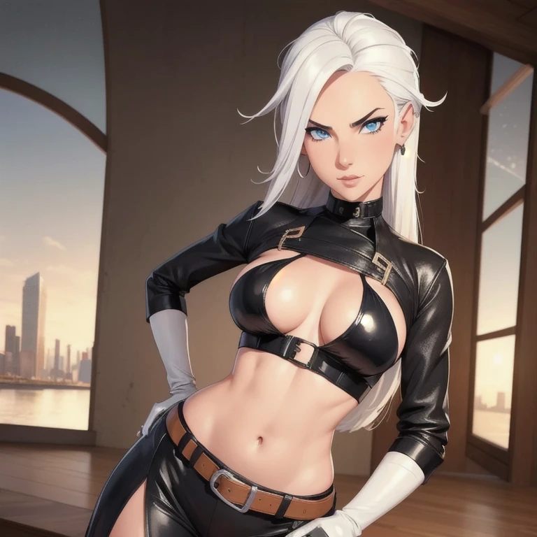 A woman with black hair and white hair highlights, wearing a leather cropped top with sleeves and gloves, a belt, and a belly button piercing, biting her lips, with beautiful blue eyes looking directly at the viewer in a sexy pose, set against a highly detailed city background, best quality, 8k, masterpiece, ultra-detailed, realistic, photo-realistic, studio lighting, vivid colors, concept art