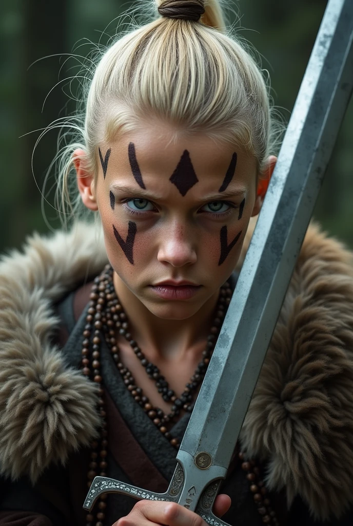 Close up viking warrior with sword in hand, young blonde, blue eye, makeup on face, sword next to the face, large head ornament , necklace on the neck, painted face