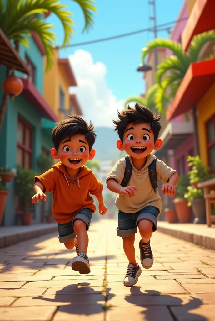 twins boys playing together through their neighborhood in Lima