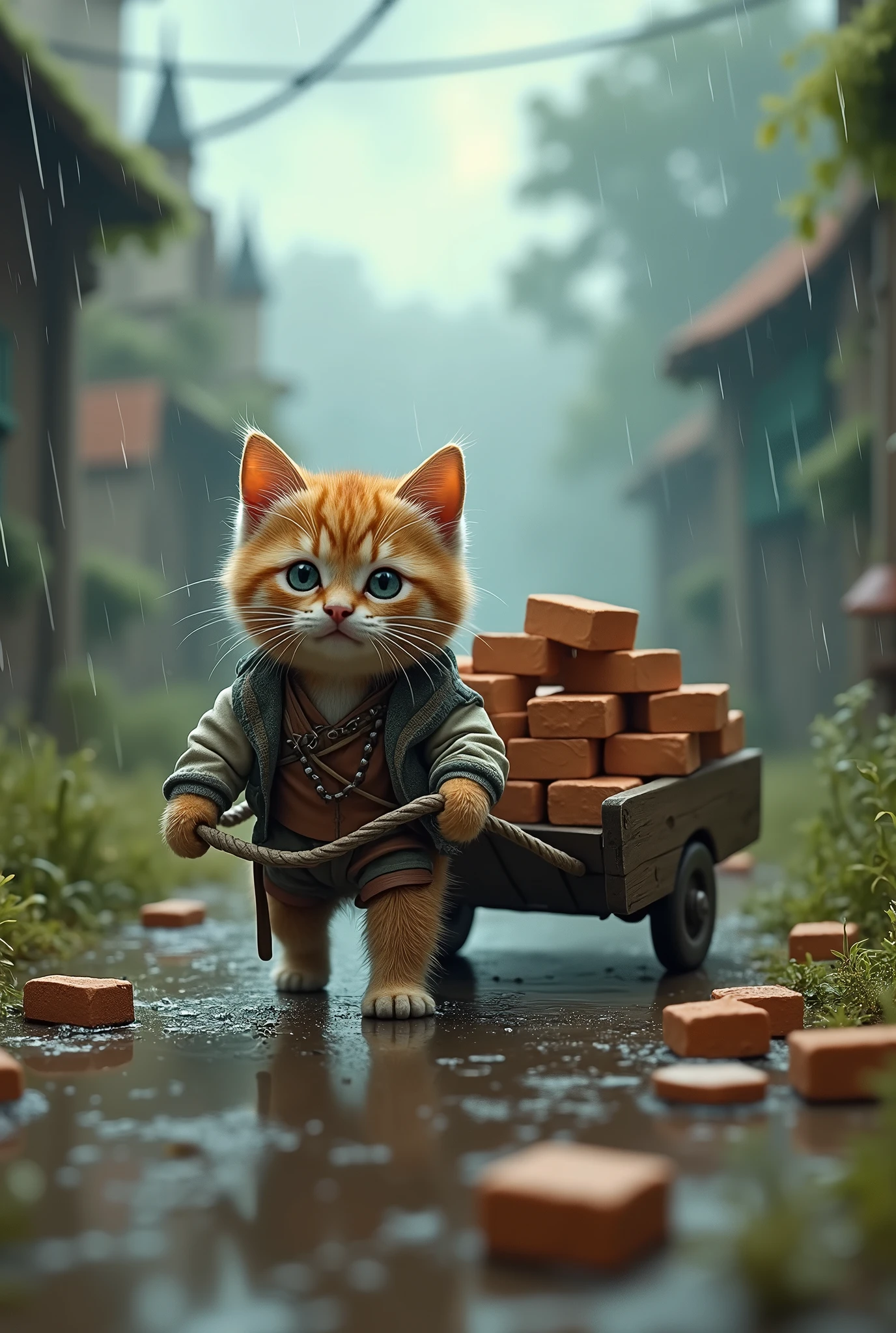 A kitten wearing ragged clothes is pulling a cart full of bricks..下雨天 Concept Artistry, reflects an imaginative and surreal environment., Energetic, photo, Concept Art, 3D Rendering
