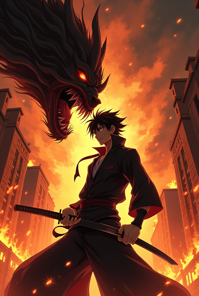 Tandjiro kamado; with a katana he fights with enemies and cuts off the opponent's head;with the fire behind him,burning buildings around, fighting with demons