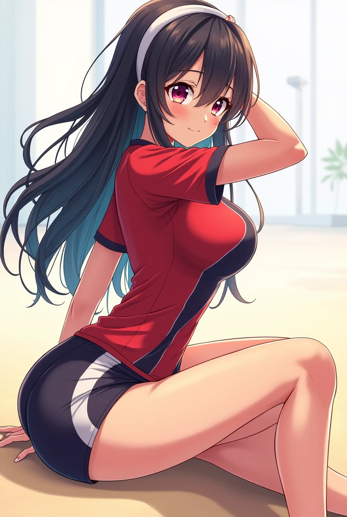 Hot anime girl wearing volley ball short and shirt hook sitting big hips
