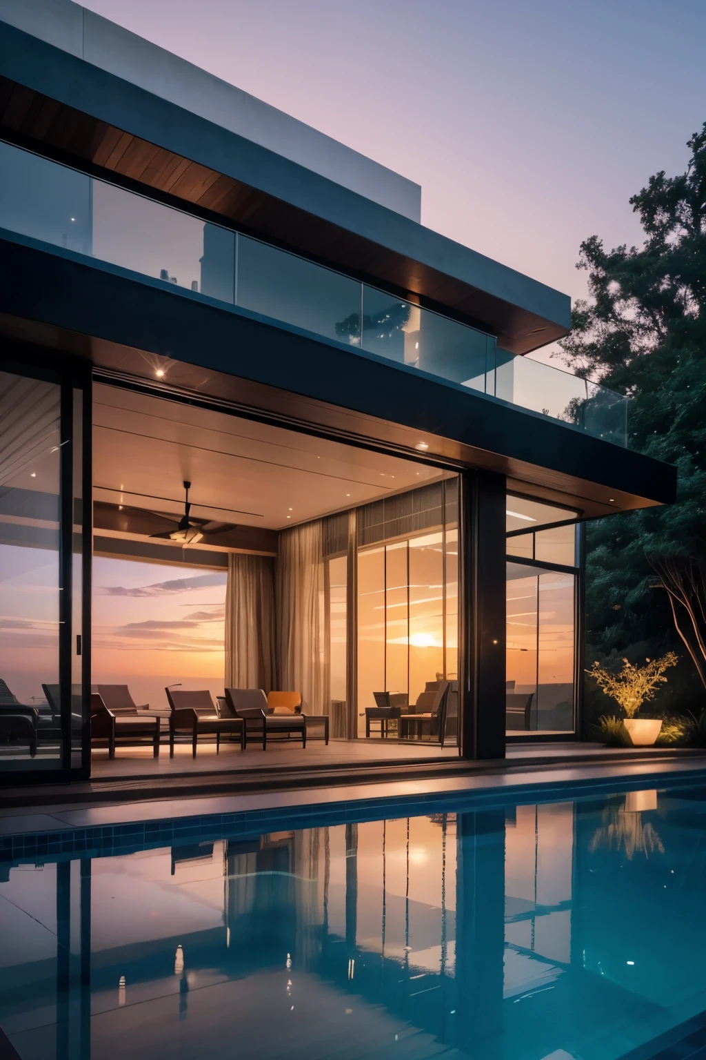 Create an architectural visualization of a luxury pool in a modern house during a stunning sunset. The pool should be large, with crystal-clear water reflecting the warm, golden hues of the setting sun. Surrounding the pool, there should be elegant lounge chairs, lush greenery, and ambient lighting subtly integrated into the design. The house itself features sleek, contemporary architecture with floor-to-ceiling glass walls, allowing the warm light to flood the interior. The sky is a gradient of deep oranges, pinks, and purples, creating a serene and inviting atmosphere