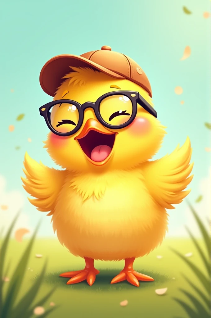 Make a little yellow chick with a cap and glasses laughing 