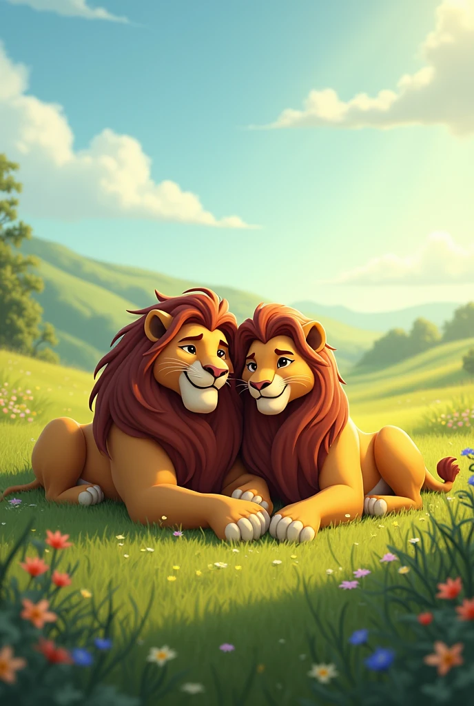 2 lions lying in a meadow sunbathing and cuddling