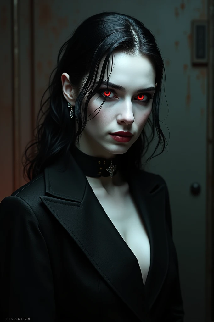Vampire completely pale skin black clothes slicked back black hair red eyes