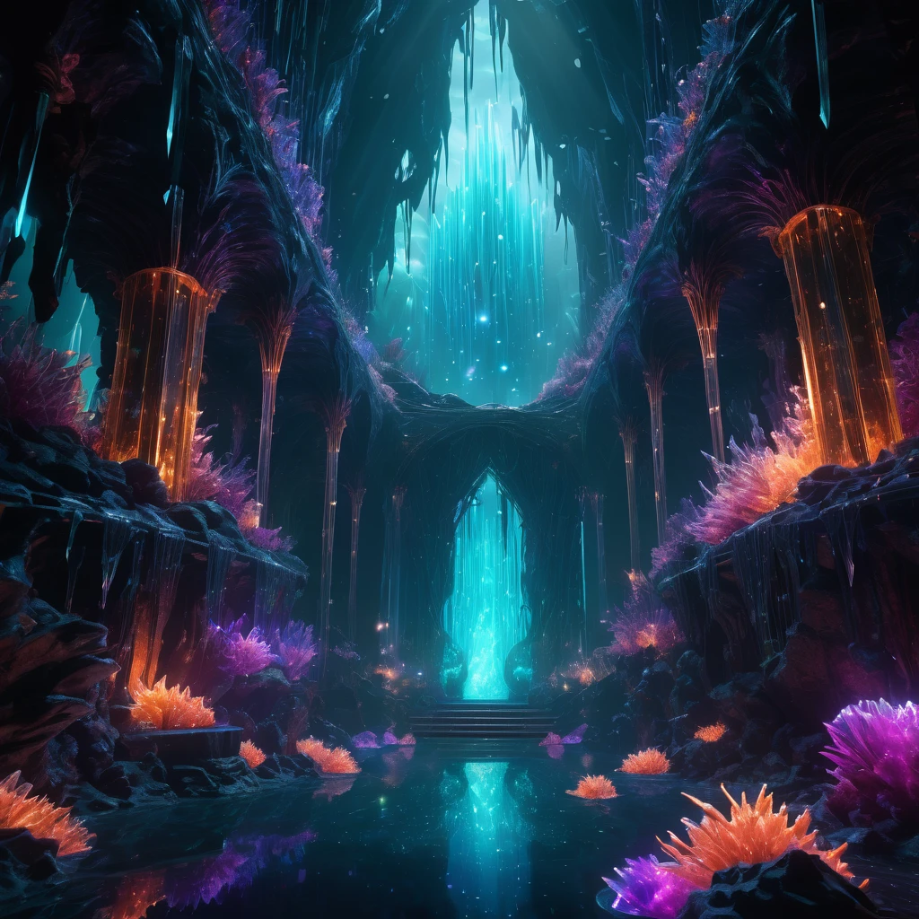 a magical abyssal scene, detailed 8K, dark and mystical atmosphere, glowing crystals, ethereal lighting, otherworldly structures,  mysterious energy, cinematic composition, dramatic lighting, vibrant colors, surreal fantasy landscape, highly detailed, award winning digital art
