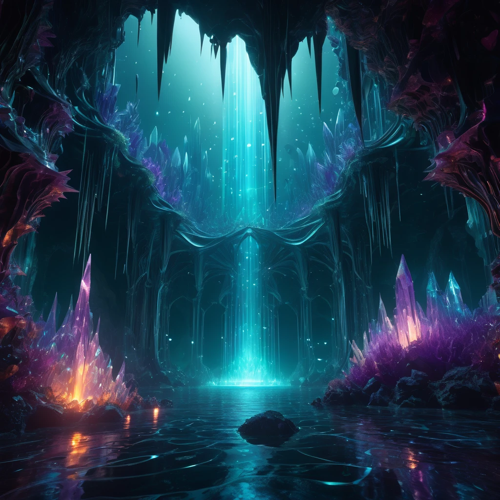 a magical abyssal scene, detailed 8K, dark and mystical atmosphere, glowing crystals, ethereal lighting, otherworldly structures, mysterious energy, cinematic composition, dramatic lighting, vibrant colors, surreal fantasy landscape, highly detailed, award winning digital art