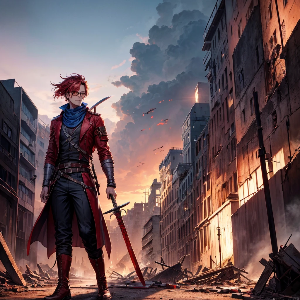 Detailed drawing of a city with a blood red sky, with some buildings in ruins and rubble, with a man looking forward, with black clothes, a pair of red aviation glasses, mascara, bandana, above all, pants and boots. He has two swords on his back, one red and one blue that shine.