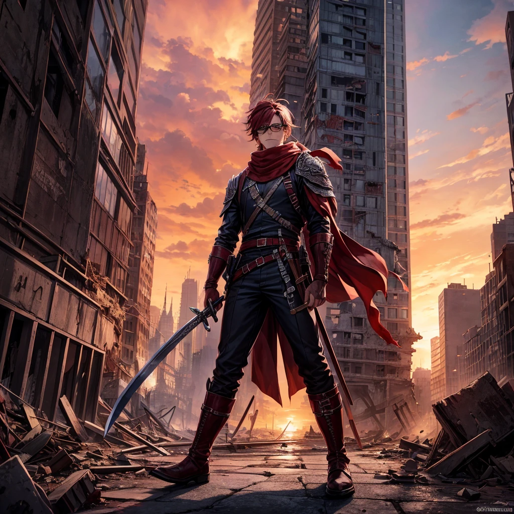 Detailed drawing of a city with a blood red sky, with some buildings in ruins and rubble, with a man looking forward, with black clothes, a pair of red aviation glasses, mascara, bandana, above all, pants and boots. He has two swords on his back, one red and one blue that shine.