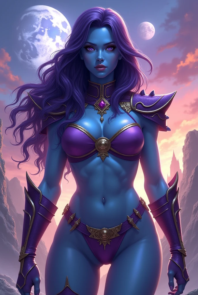  a (((blue skinned, blue skin))) female warrior, athletic curvy fit body, wide hips, large breasts, She has long dark purple colored hair with lots of volume and wears (purple bikini, gold trim), purple armored collar, and  purple shoulder pads. (detailed face, detailed eyes), long eyelashes, ((detailed lips)), strong jaw, narrow eyes, lavender colored eyes. Good hands, detailed hands. Eternia background, multicolor sky, 3 moons in the sky, multiple moons. She stands firmly on the ground a wide stance, ready to fight. dynamic exaggerated poses.