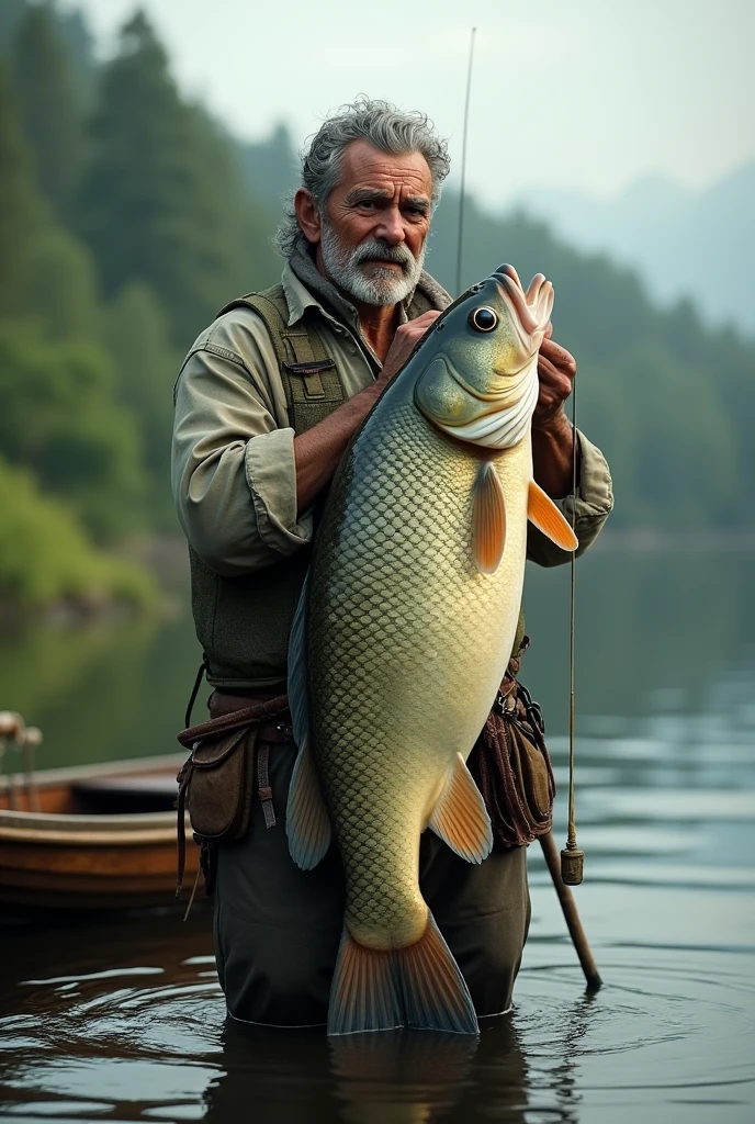 Fisherman with a big carp and a boat next to it