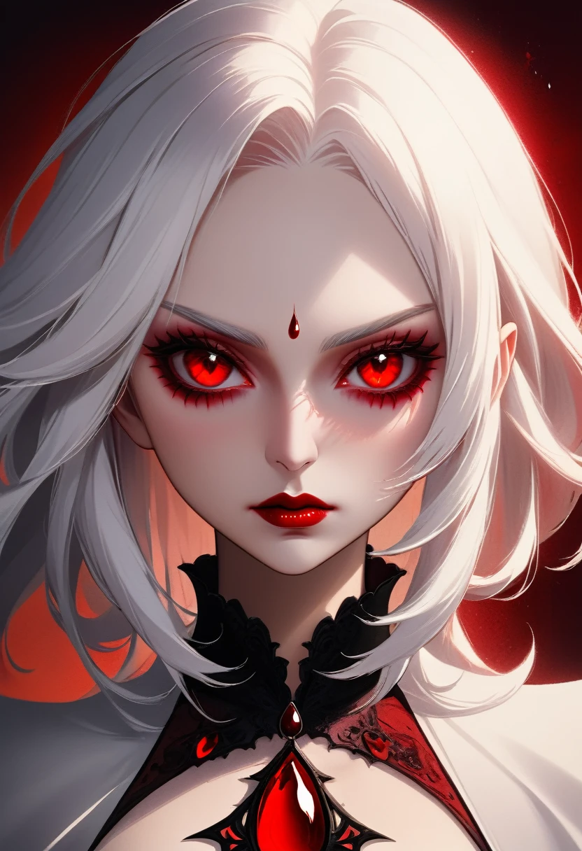 a portrait of vampire with a bloody tear coming down from he eye, an exotic beautiful female vampire, dynamic hair color, dynamic white hair style, ultra detailed face, best detailed face, dynamic eye color, ((1single red teardrop, teardrop made of blood coming down from the eye: 1.3)),  Ultra-high resolution, High Contrast, (masterpiece:1.5), highest quality, Best aesthetics), 16K fantasy art, best details, best quality, highres, (ultra wide angle: 1.2), 16k, [ultra detailed], masterpiece, best quality, (extremely detailed), ladyshadow, magical sky,