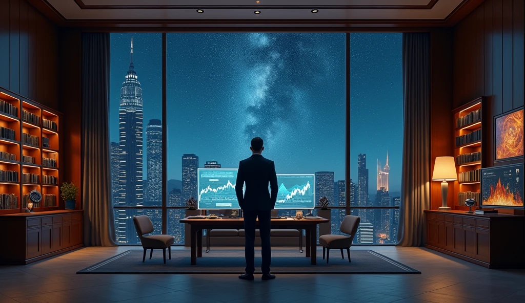 "A luxurious office with a large window showing a starry night sky, a financial analyst looking at both a stock chart and an astrological chart. The scene should convey a sense of high stakes and curiosity. --ar 16:9"