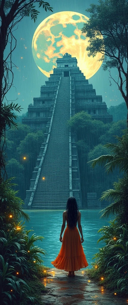 dynamic ink painting of a Mayan pyramid, great art, great sense of depth, ground level shot, the most beautiful temple in the world, jungle leaves shining through rainwater, moon\(pale blue\) with a light overcast, beautiful Mayan woman, full of wisdom looking straight into your eyes, (ancient mayan princess, noble, beautiful traditional Mayan clothes, beautiful long black hair\) looking straight at the camera, smiling ,raining softly, fireflies flying around, long distance shot,