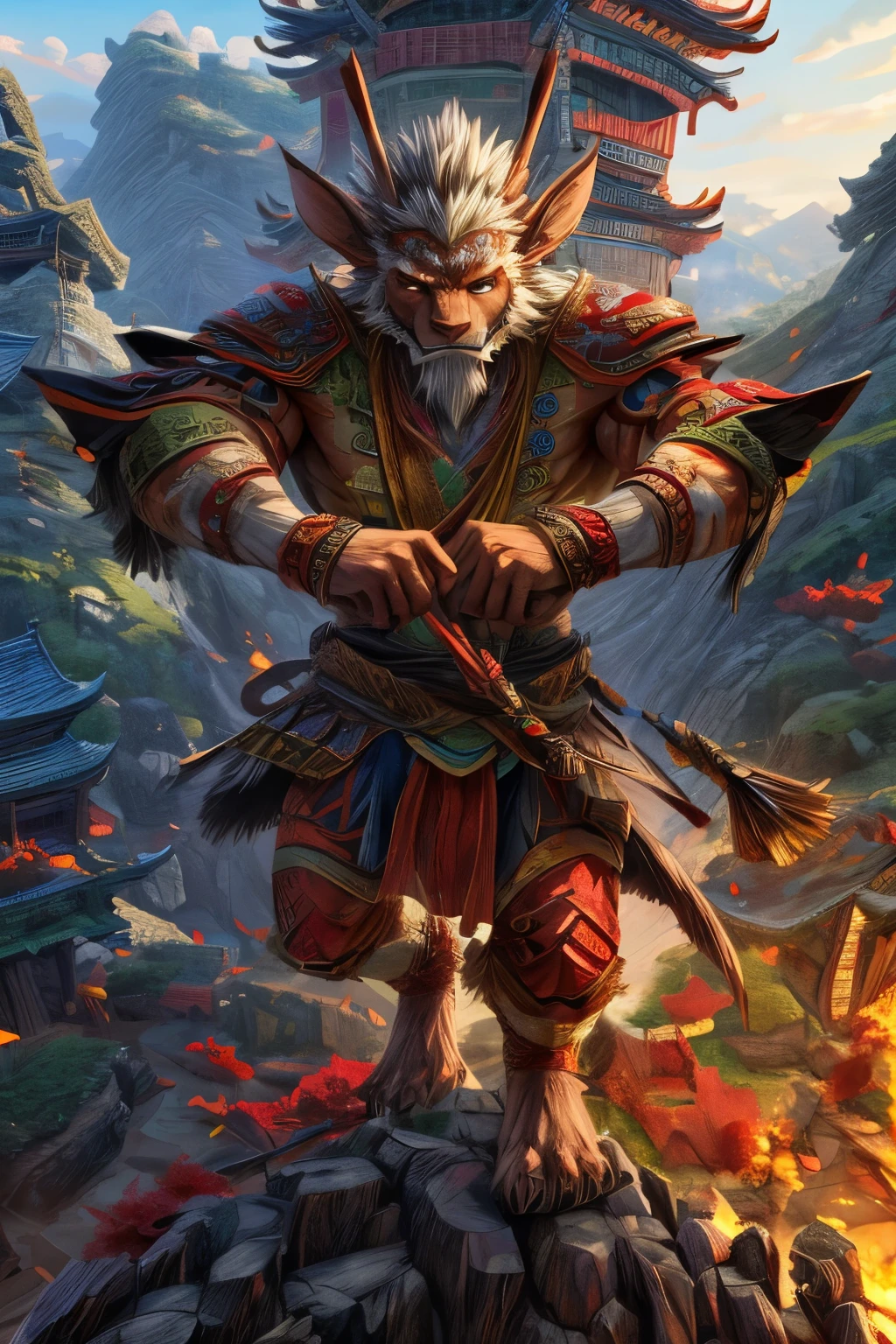 (masterpiece:1.3), Hyper Detail, 8K, (top-quality, Top image quality), Wukong, rampage, Deep in the mountains of China