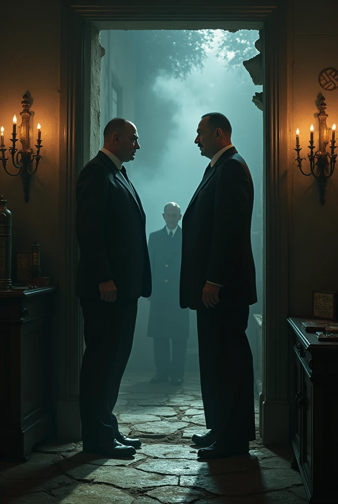 A villain next to Hitler in a dark room, about to place a protective device in the room, as the hero bursts through a broken door.