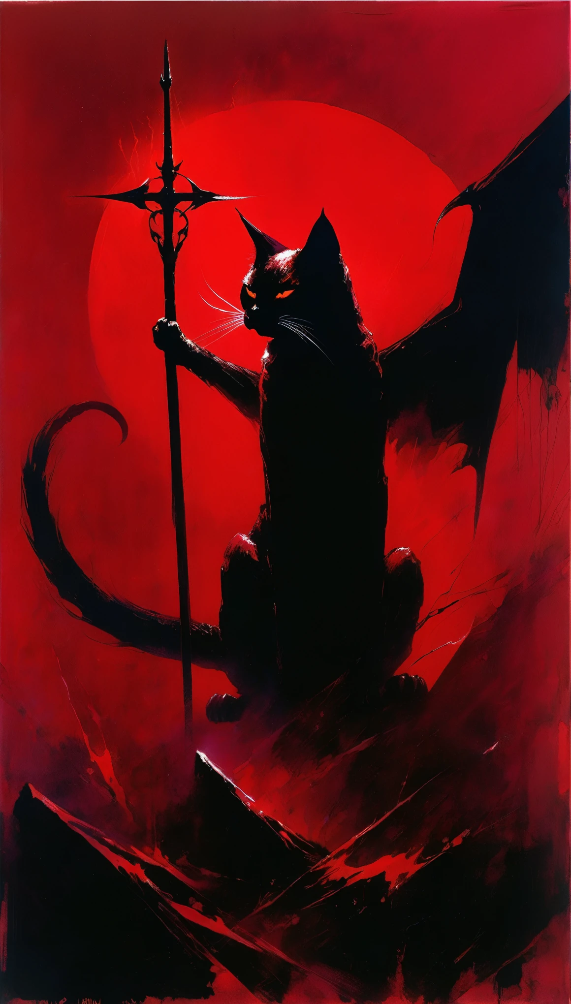 artistic inspiration of bill sienkiewicz
feline animal painting,(Crimson:1.1),satan cat,roar,reverse cross,satan's shadow,leaning_to_the_side