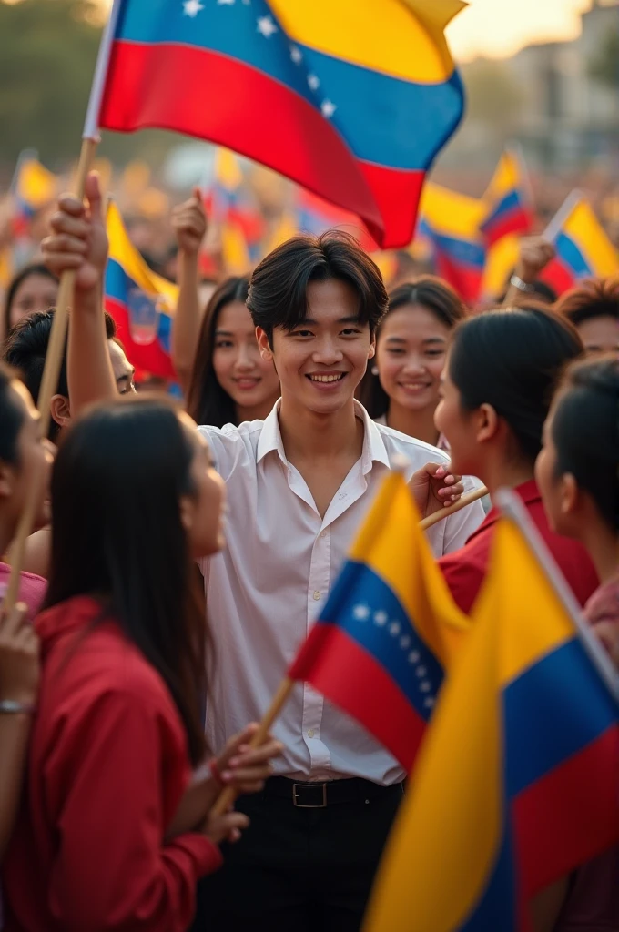 BTS' MIN YOONGI WITH FANS HOLDING THE VENEZUELAN FLAG 