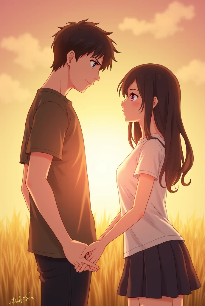Masterpiece, best quality, {best quality}, {{masterpiece}}, {highres}, {{{field field}}, extremely detailed couple, illustration, couple, 1boy, 1girl, couple, love, love, romantic, sharp focus, male focus, female focus, black hair, violet eyes, sun, sunlight, lifting, surprised, envy, orange sky, t-shirts, men's leisure clothes, expressionless, women's fashion