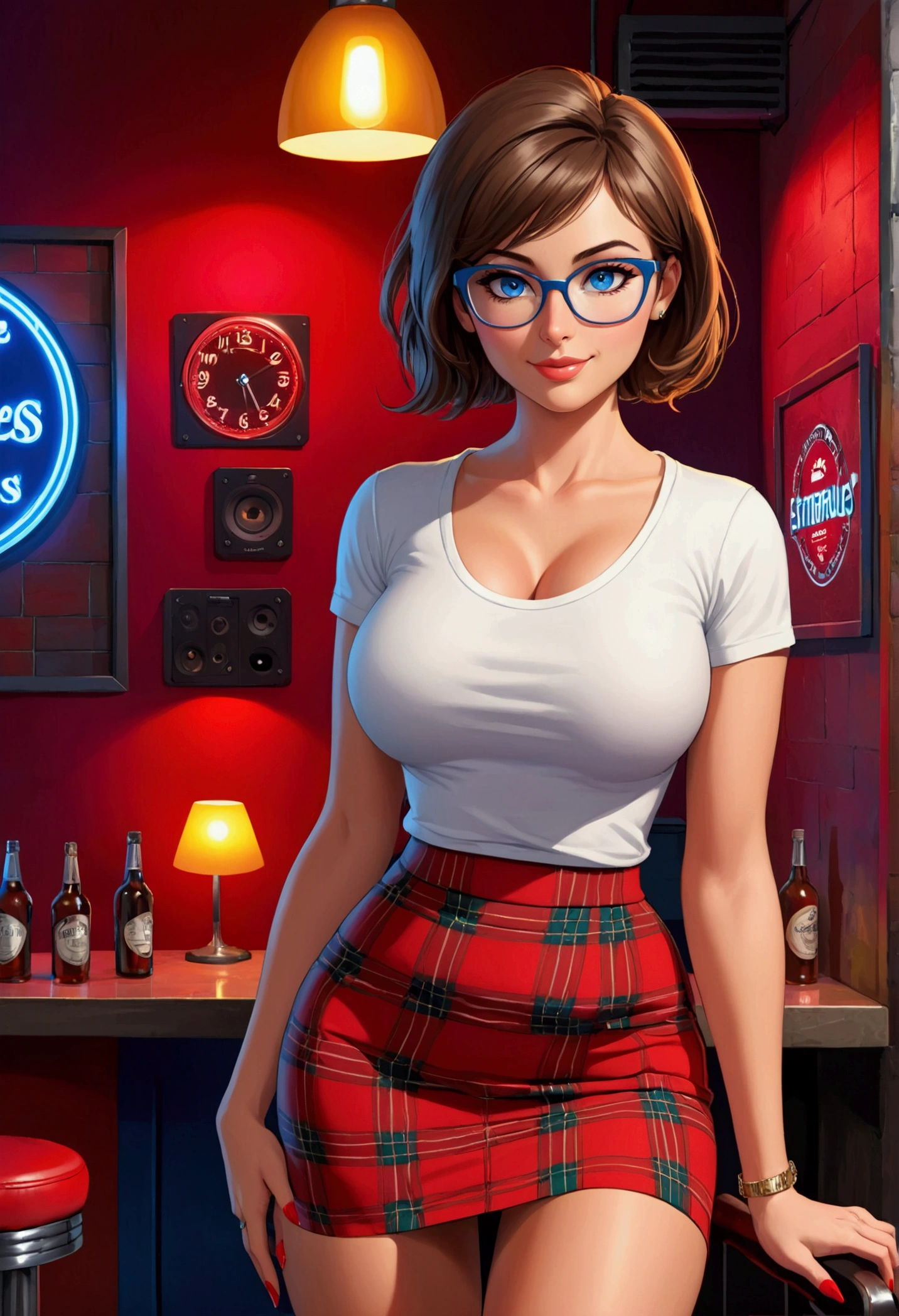 20 years old woman, Short brown hair, Méditerranéenne aux blue eye, Generous and heavy breasts, slender waist, estomac defini, fesses rebondies et pulpeuses, naturally curved, muscular thighs, aguicheuse, nightclub , blue eye, lunettes, red tartan skirt and t-shirt, peep toes, ssmile