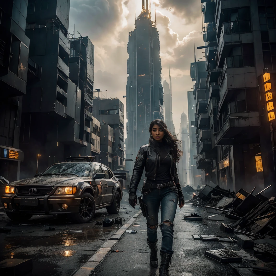 (of the highest quality, ultra high definition, 16k, masterpiece) A powerful girl, Pooja Hegde, walks confidently in front of his sturdy, Futuristic car in the middle of a chaotic, war-torn metropolis.. The shot is from medium to long view., capturing her determined presence and all the environment that surrounds her. She looks ahead with a fierce gaze., unwavering expression, embodying strength and resolve. She wears a fitted mecha camiseta under a stylish jacket and jeans pants, Her outfit combines practicality with a touch of modern style... The jacket is detailed with armas de fuego, rifles, and utility pockets, Improving your battle-ready appearance. His hair is disheveled and unruly, adding to its dynamic presence. The car behind her is a highly modified., armored vehicle, its exterior marked by countless battles. It is a testament to their resilience and ingenuity.., with various gadgets and weapons mounted on its frame. the car is elegant, complements the overall gritty atmosphere. In the background, the entire skyline of the metropolis is visible, partially obscured by smoke and ash. Skyscrapers rise amidst chaos, Many of them are badly damaged with large holes and crumbling facades.. Explosions light up the scene, casting an eerie glow over the widespread destruction. Spaceships float ominously in the sky, involved in fierce air battles, Their elegant designs contrast with the devastation that lies beneath.. The ground is littered with debris and remains of destroyed structures.., increasing the sense of a world torn apart by conflict. Pieces of metal, broken glass, and vehicle remains are scattered across the landscape. The lighting is spectacular., with strong contrasts that highlight the textures of her outfit and the metallic surface of her car. The play of light and shadow emphasizes the intense expression on his face and the chaos of the background...