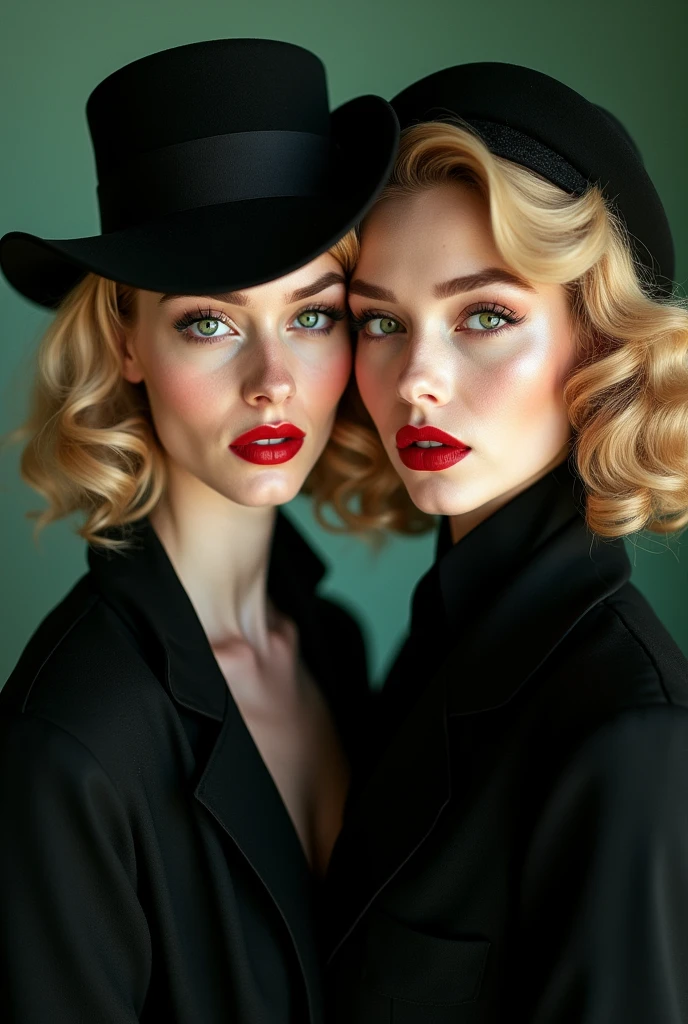 (((best qualityer))), highly detailed, high resolution. 2 female, blondie hair, clear green eyes, fleshy lips, heavy make-up, The model wears a black jacket and a black hat, Not 32k UHD style, Rococo elegance, Vintage style design, bold curves, ferrânia p30, Limited color range