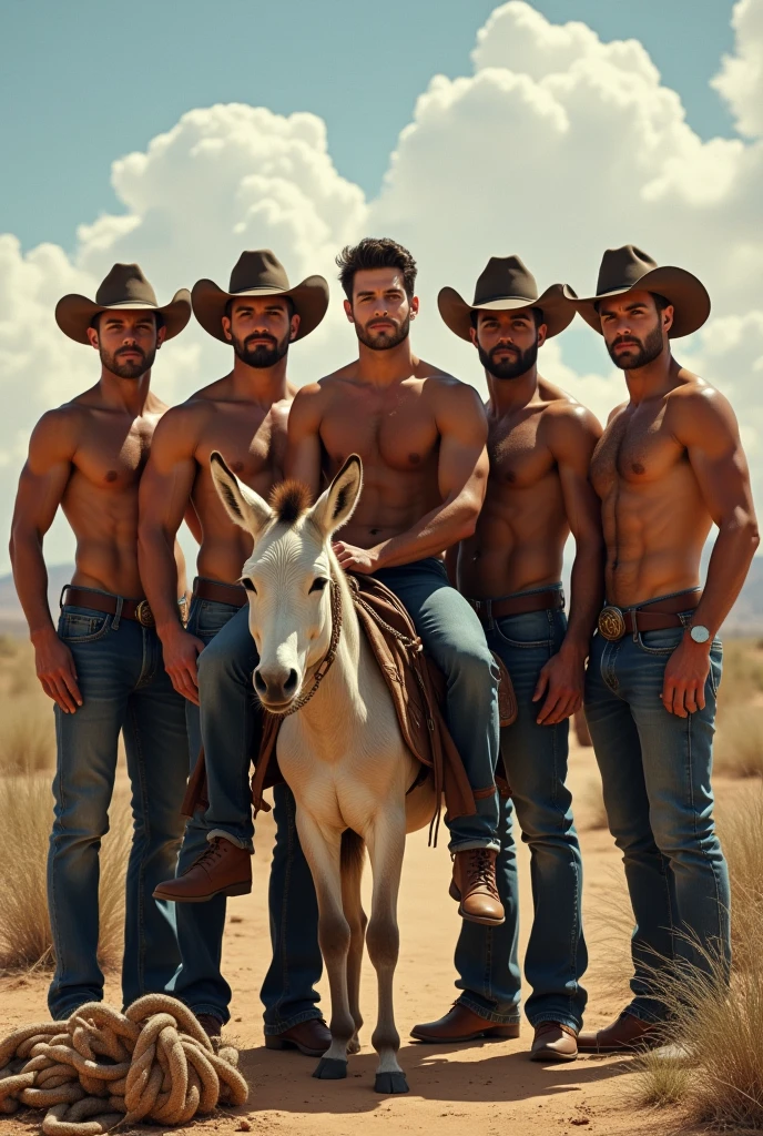 5 handsome men together cowboy handsome attractive shirtless on a tampo with a donkey with rope beside him and a young handsome man on top of the donkey smiling