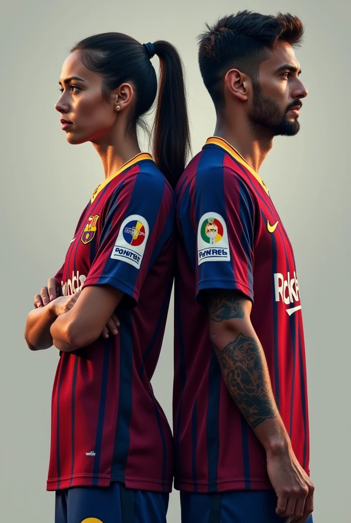 Woman and man from behind with the Barcelona shirt number 8 and 14 named Kristel and Abdiel and the woman with her hair tied to one side so that her names can be seen