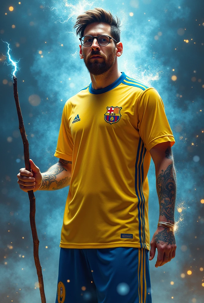 lionel messi with harry potter hat and wand dressed in yellow and blue clothes
