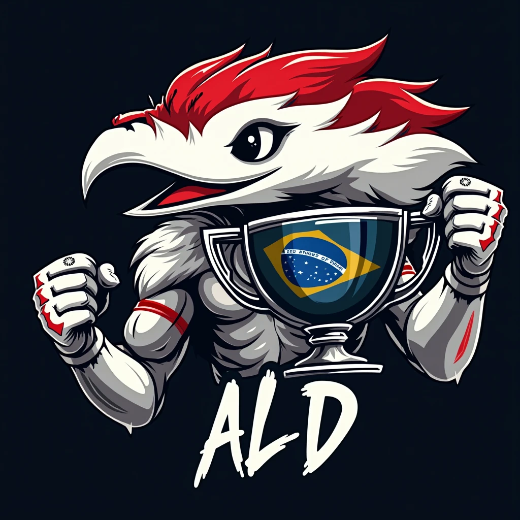create a sports logo with the name ALD with an apache mascot holding a trophy with goat written inside with the Brazilian flag behind it